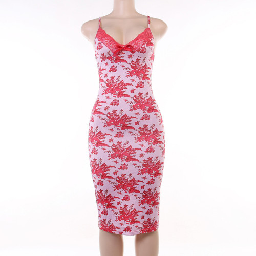 Sexy Slim Fit Chest Show Print Lace Design Spicy Girl Strap Dress