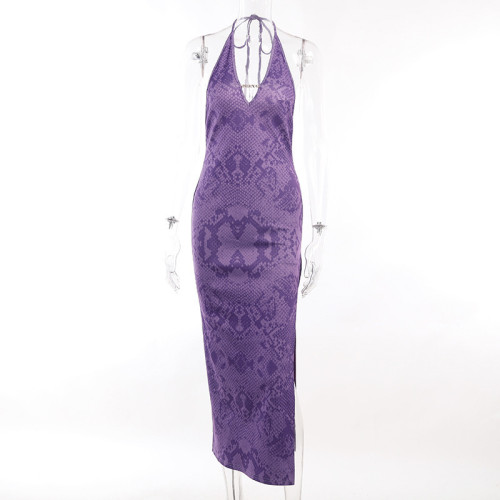 Animal Pattern Spicy Girl Open Back Dress Feminine V-Neck Hanging Neck Split Long Dress