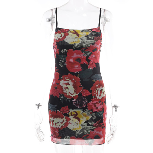 Small Sexy Slim Fit Wrap Hip Short Skirt with Mesh Print Design Spicy Girl Strap Dress