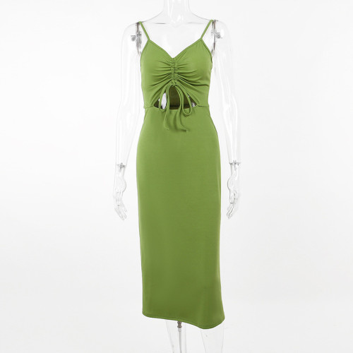 Fashionable slim fitting solid color casual long dress for women with sexy drawstring hollow out suspender dress