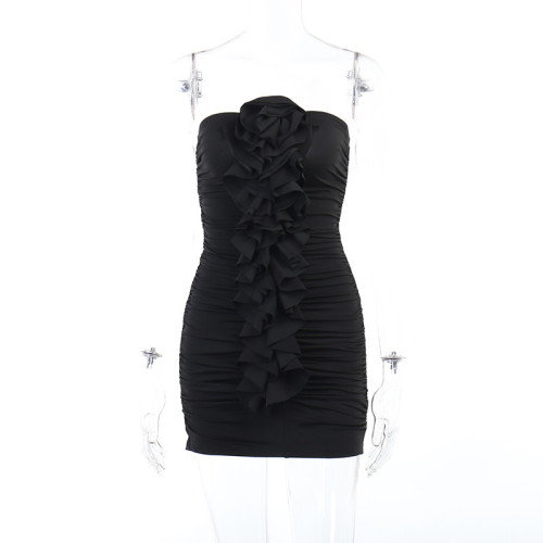 Sexy Slim Fit Spicy Girls' Hip Wrap Dress with Bust and Ruffle 3D Flower Short Skirt