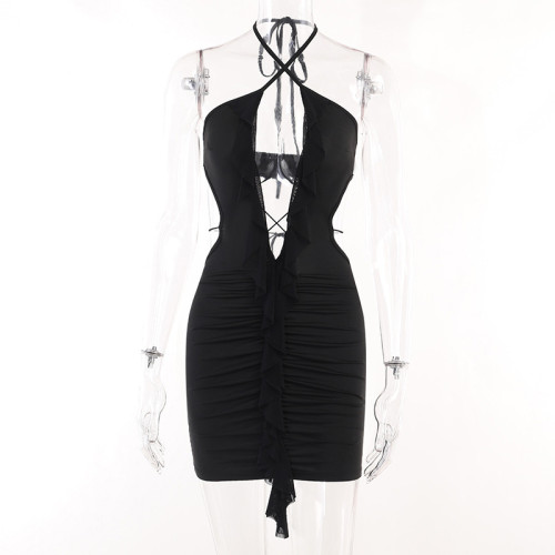 Temperament Spice Girl backless resort style Slip dress sexy cut out ruffles hip wrap dress