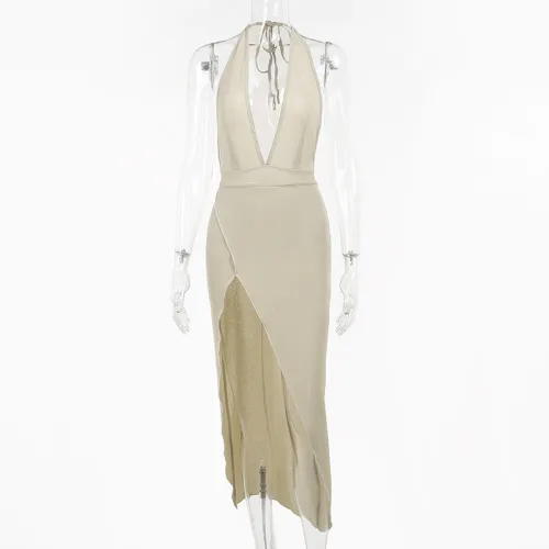 Sexy Deep V-Neck Tunneled Waist Split Neck Long Dress