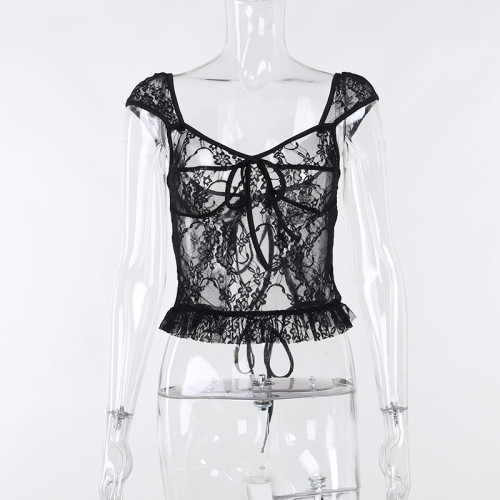 Lace up Hollow Lace Slim Fit Spicy Girl Open Back Short Sleeve Top