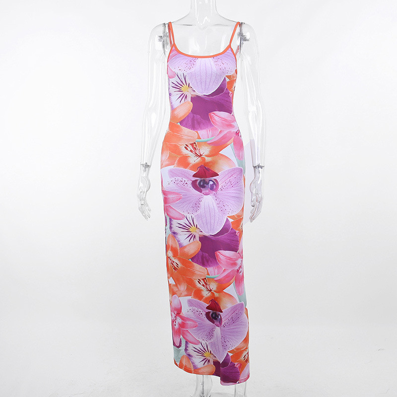 Sexy Slim Fit Chest Showing Spicy Girl Print Large Flower Design Sensory Strap Dress