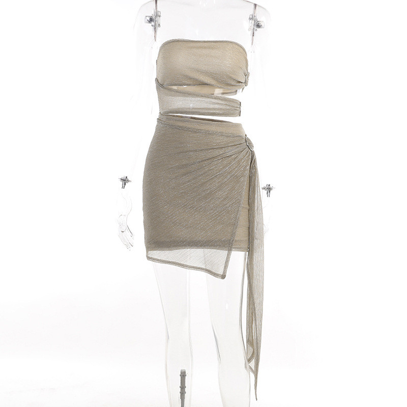Sexy Slim Fit Show Chest Spicy Girl Wrap Hip Short Skirt Cutout Sparkling Design Feel Bra Dress