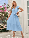 Solid casual waist tied lace V-neck dress for women