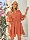 Fashion casual V-neck solid color waistband short sleeved dress