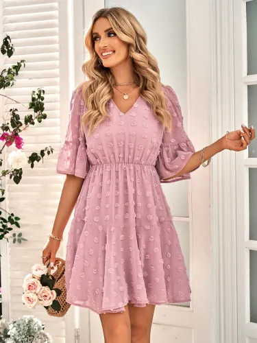 Fashion casual V-neck solid color waistband short sleeved dress