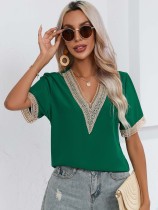 Lace edge V-neck short sleeved T-shirt top