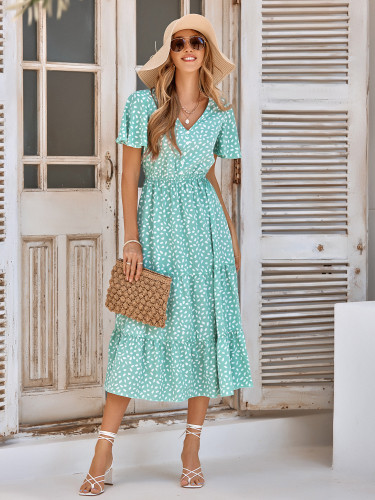 Spring/Summer New V-neck Ruffle Sleeve Printed Dress for Women