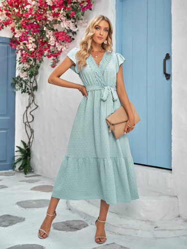 Solid casual waist tied lace V-neck dress for women