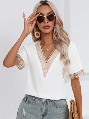 Lace edge V-neck short sleeved T-shirt top