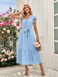 Solid casual waist tied lace V-neck dress for women