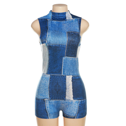 High waisted sexy printed sleeveless contrast tight sports jumpsuit shorts