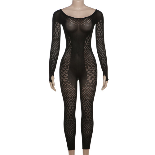 Women's sexy long sleeved knitted perspective slim fitting high waisted jumpsuit