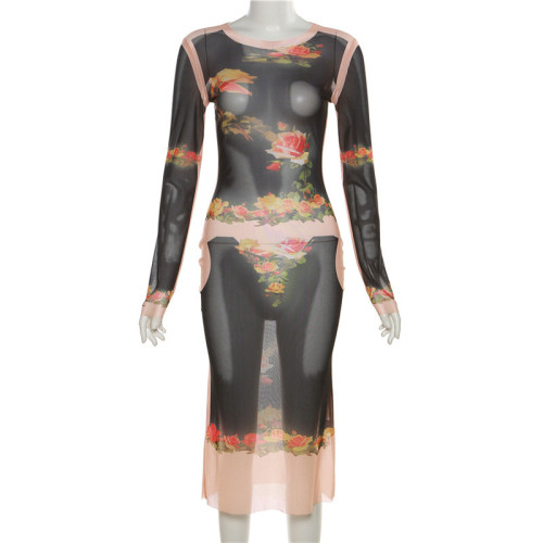 Women's New Fashion Printed Mesh Hollow Round Neck High Waist Slim Fit Dress