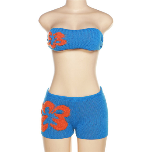 Women's low neck knitted contrast bra slim fitting casual shorts set