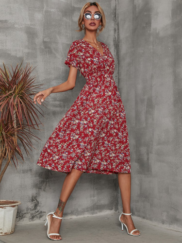 Summer floral print short sleeved dress