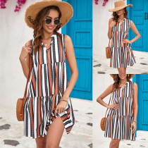 Stripe patchwork V-neck short skirt dress