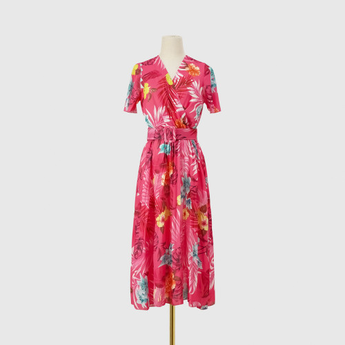 Summer floral print wrinkled short sleeved dress