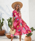 Summer floral print wrinkled short sleeved dress