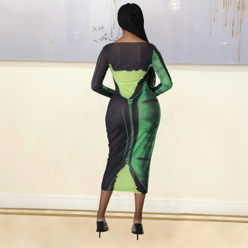 Fashionable and sexy mesh printed long sleeved medium length women's dress