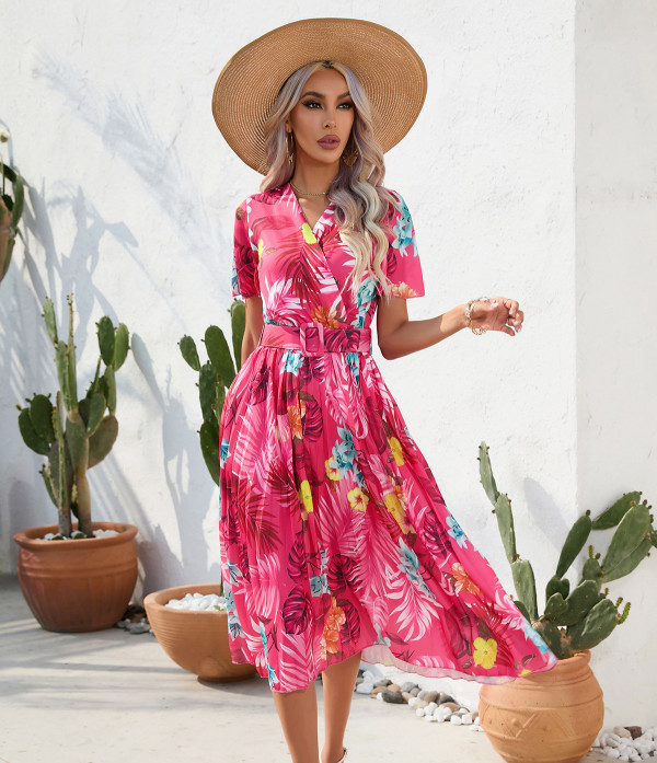 Summer floral print wrinkled short sleeved dress