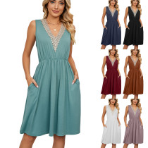Solid V-neck lace patchwork sleeveless pocket waist up dress