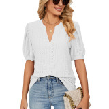 Casual V-neck Solid Hollow Bubble Sleeve Loose T-shirt Top