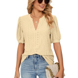 Casual V-neck Solid Hollow Bubble Sleeve Loose T-shirt Top
