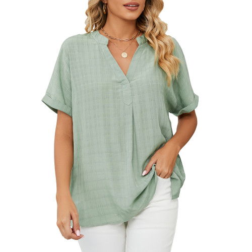 Thin V-neck casual pullover solid loose fitting shirt top