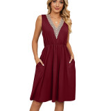 Solid V-neck lace patchwork sleeveless pocket waist up dress