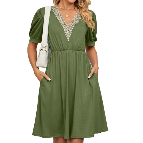 Solid lace patchwork V-neck short sleeve pocket waist up dress