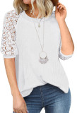 Waffle lace patchwork round neck short sleeved top
