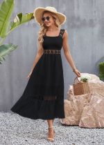 Solid cut out lace patchwork square neck sleeveless suspender dress