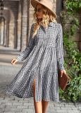 Large swing long sleeved dress plaid casual long skirt