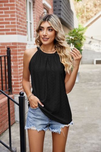 Loose Round Neck Pleated Tank Top Sleeveless Strap T-shirt