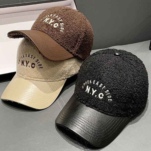 Lamb cashmere embroidered letter leather brim cap Baseball cap