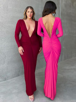 Sexy V-neck Slim Fit Pleated Solid Long Sleeve Dress