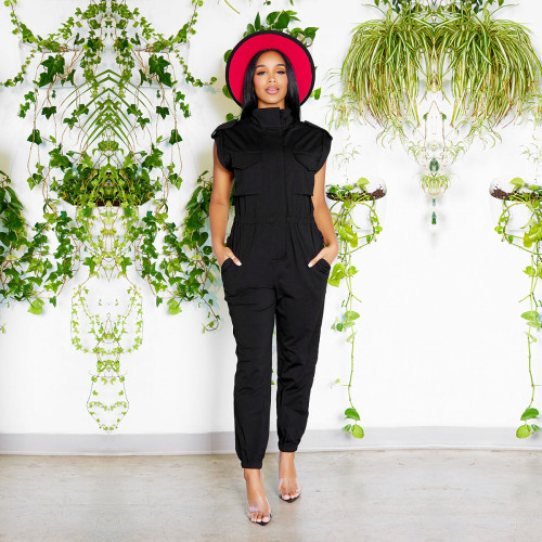 Elastic waist zipper casual pants jumpsuit