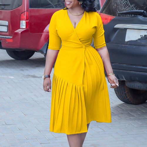 V-neck waistband fashionable pleated mid length skirt African dress