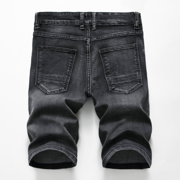 Denim stretch shorts with holes, slim fit, small straight tube men's black gray five point denim shorts