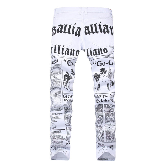 White printed jeans with letters in English printed elastic slim fitting casual men's pants