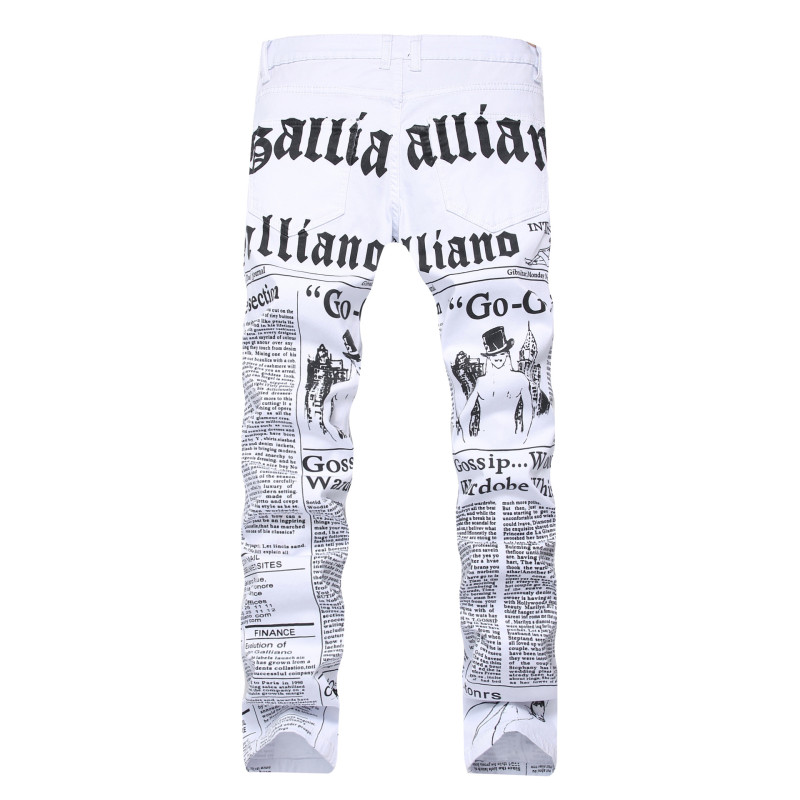 White printed jeans with letters in English printed elastic slim fitting casual men's pants