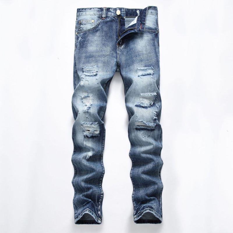 Perforated straight fitting bulletless jeans, tattered men's light denim pants