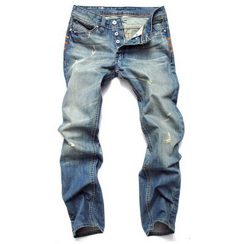 Distressed nostalgic jeans Baby blue straight slim button men's jeans