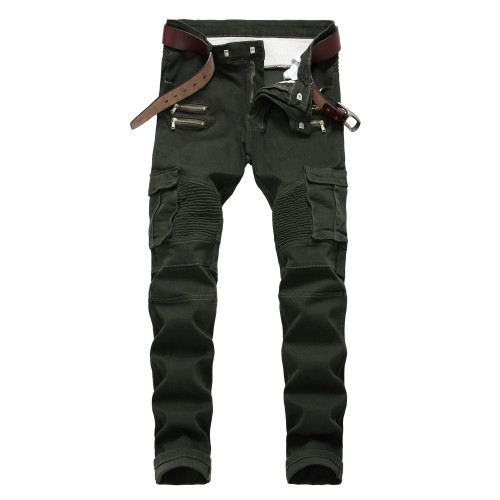 Motorcycle denim casual black pants with zipper decoration men's stretch pants