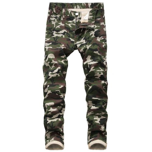 Camo Jeans Personalized Men's Slim Fit Elastic Army Green Printing Casual Pants
