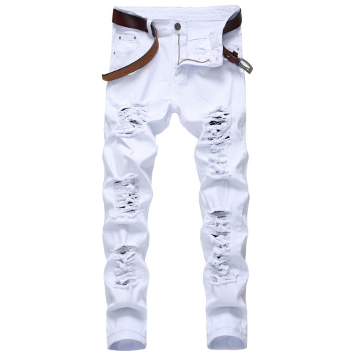 Casual large hole stretch pants, slim fitting denim, men's multi hole white pants